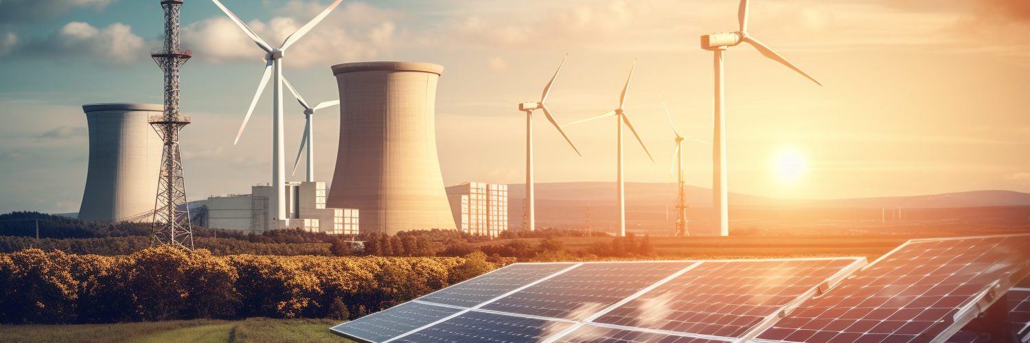 Sunset sky powers wind and solar energy generated by artificial intelligence